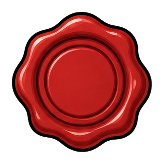 Red wax seal sticker with a circular embossed center and scalloped edges