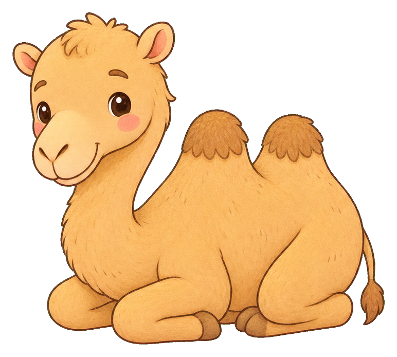 Cute pastel camel lying down with a friendly face and soft desert colors.