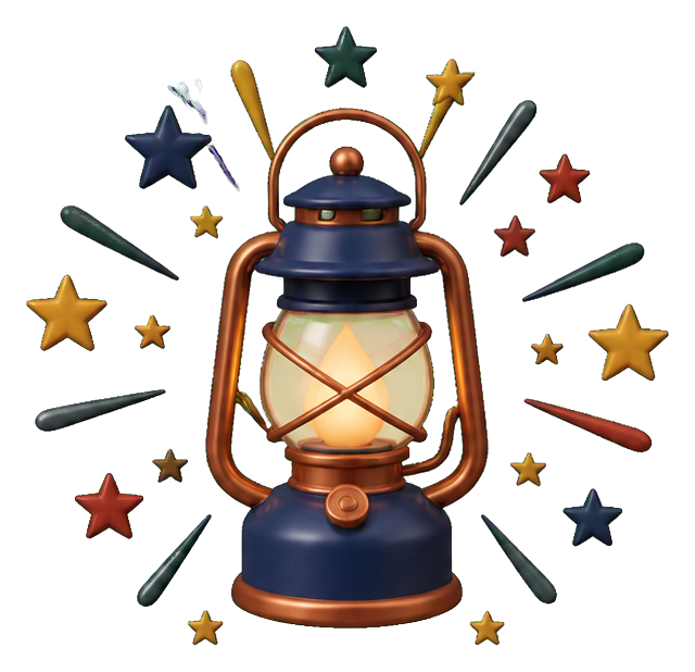 Lantern surrounded by colorful starburst rays and stars