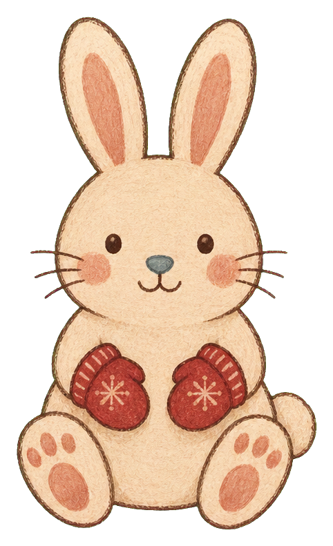 Cream-colored rabbit with cranberry mittens, rosy cheeks, and pink paw pads sitting upright.