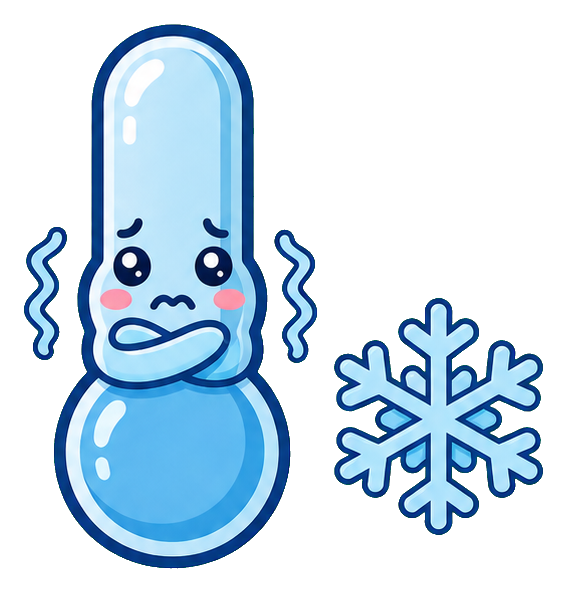 Blue shivering thermometer with a worried face beside a snowflake icon