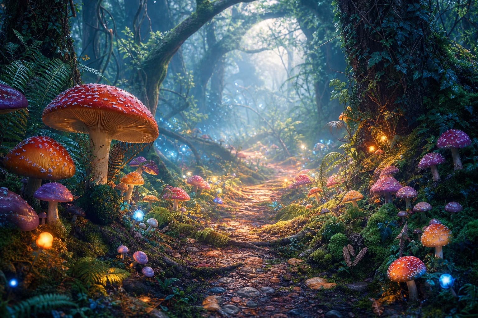 Misty enchanted forest path with glowing mushrooms and colorful foliage
