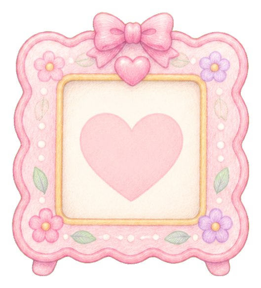 Pink kawaii picture frame with hearts, flowers, and a heart center opening