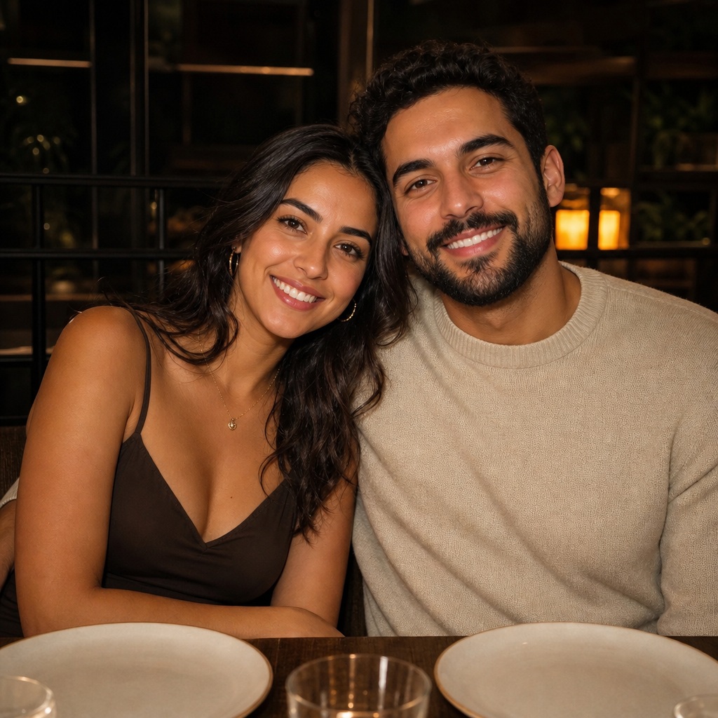 Smiling couple seated together at a dinner table in a warmly lit restaurant.