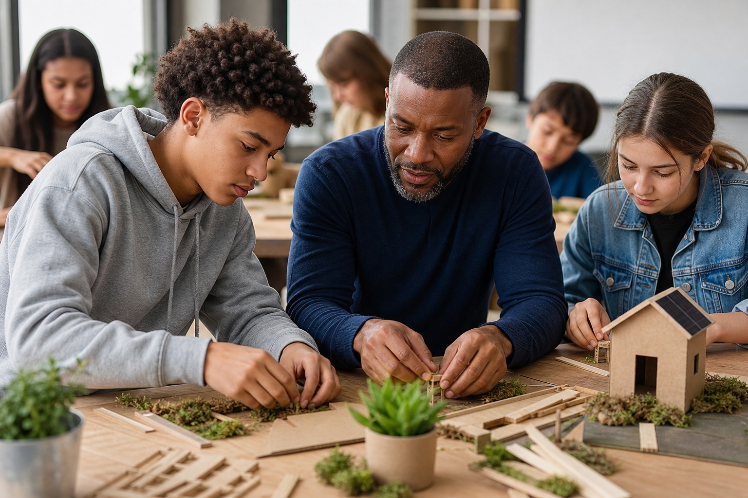 Adult mentor and teen students building a neighborhood model around a table