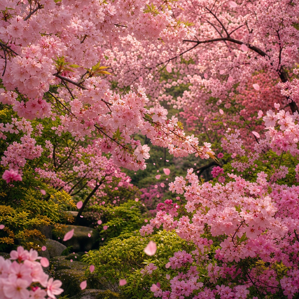 Pink cherry blossoms filling a lush garden with branches and greenery.