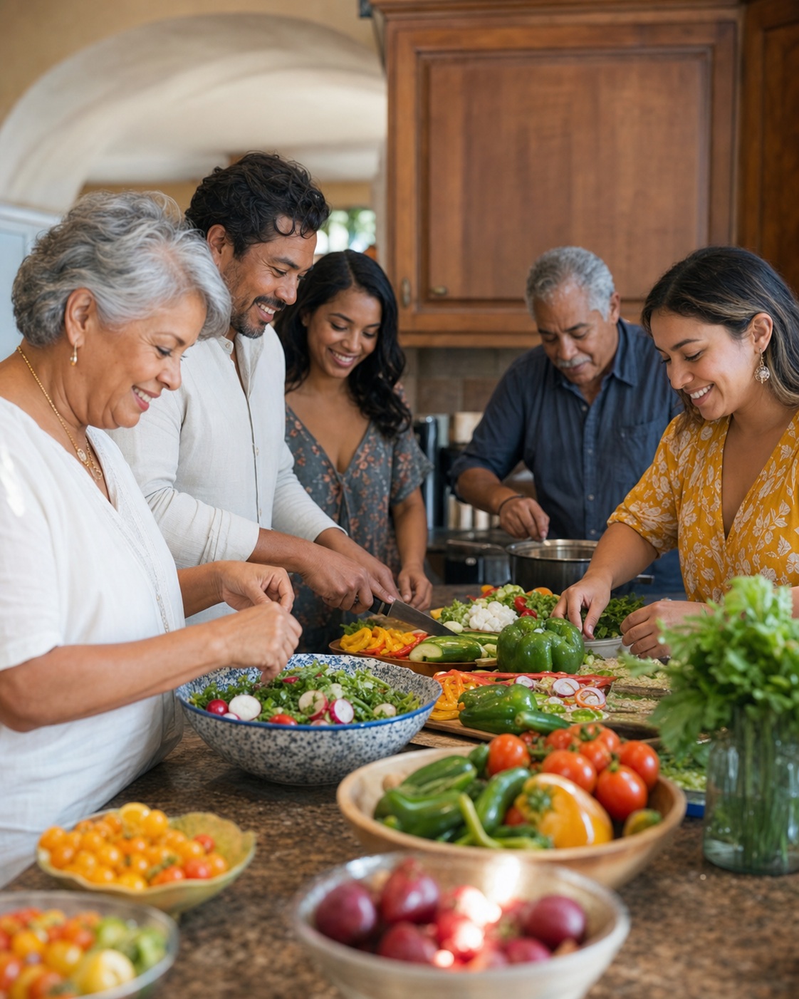 Multigenerational family preparing vegetables together in a bright kitchen
