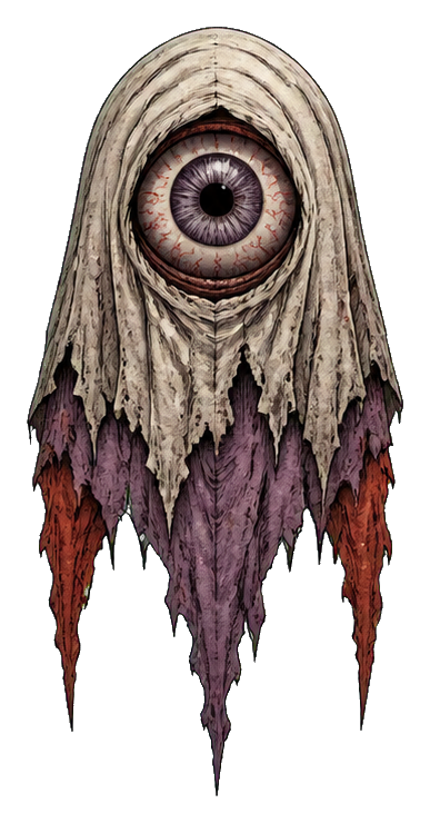 Single-eyed ghost with a tattered veil and jagged purple and orange draped edges