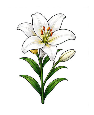 White lily stem with green leaves and a single blooming flower on a transparent background