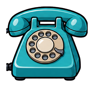 Teal rotary telephone with a round dial and handset on top