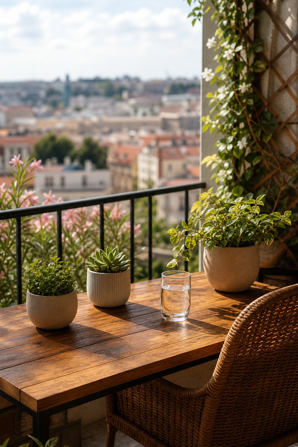 Wooden balcony desk with potted plants, a glass, and a city view beyond the railing.