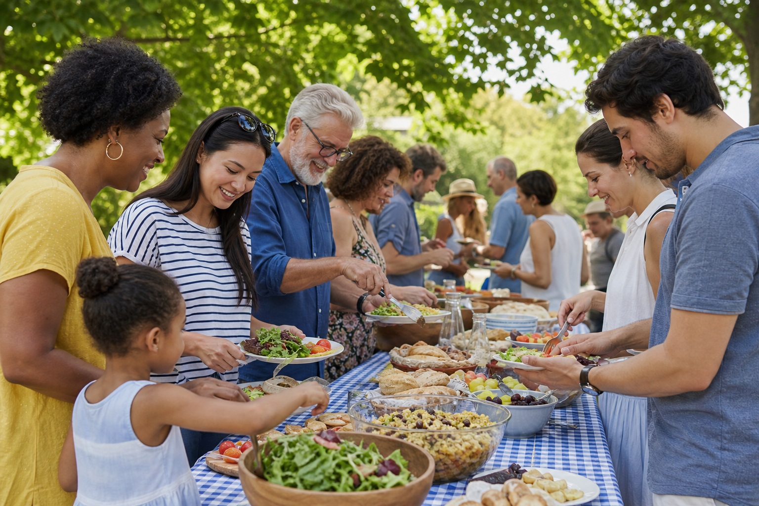 Neighbors gathered around a long outdoor table serving food at a summer community event.