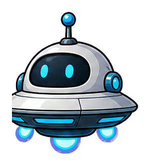 Cute hovering robot sticker with glowing blue lights and a rounded metallic body