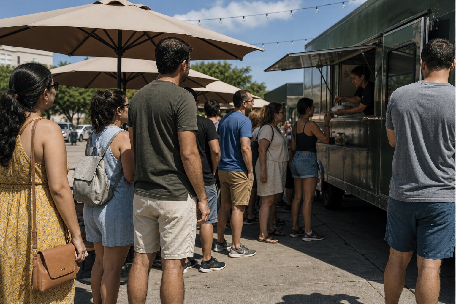 People standing in line at an outdoor food truck under large umbrellas on a sunny day.