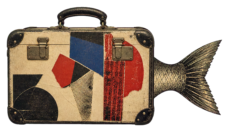 Vintage suitcase with a fish tail attached to one side