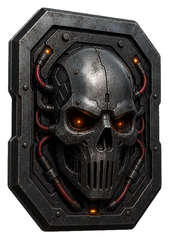 Metal skull emblem with glowing orange eyes and dark mechanical details.