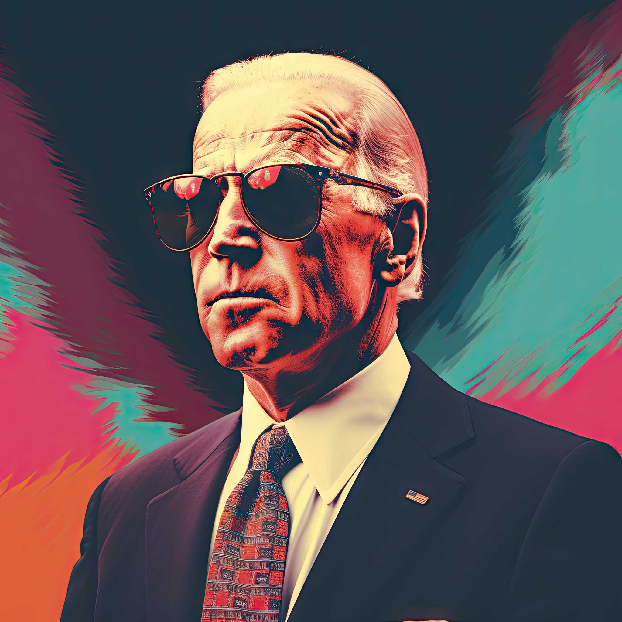 Stylized portrait of Joe Biden wearing sunglasses, suit, and tie against a vibrant colorful background.