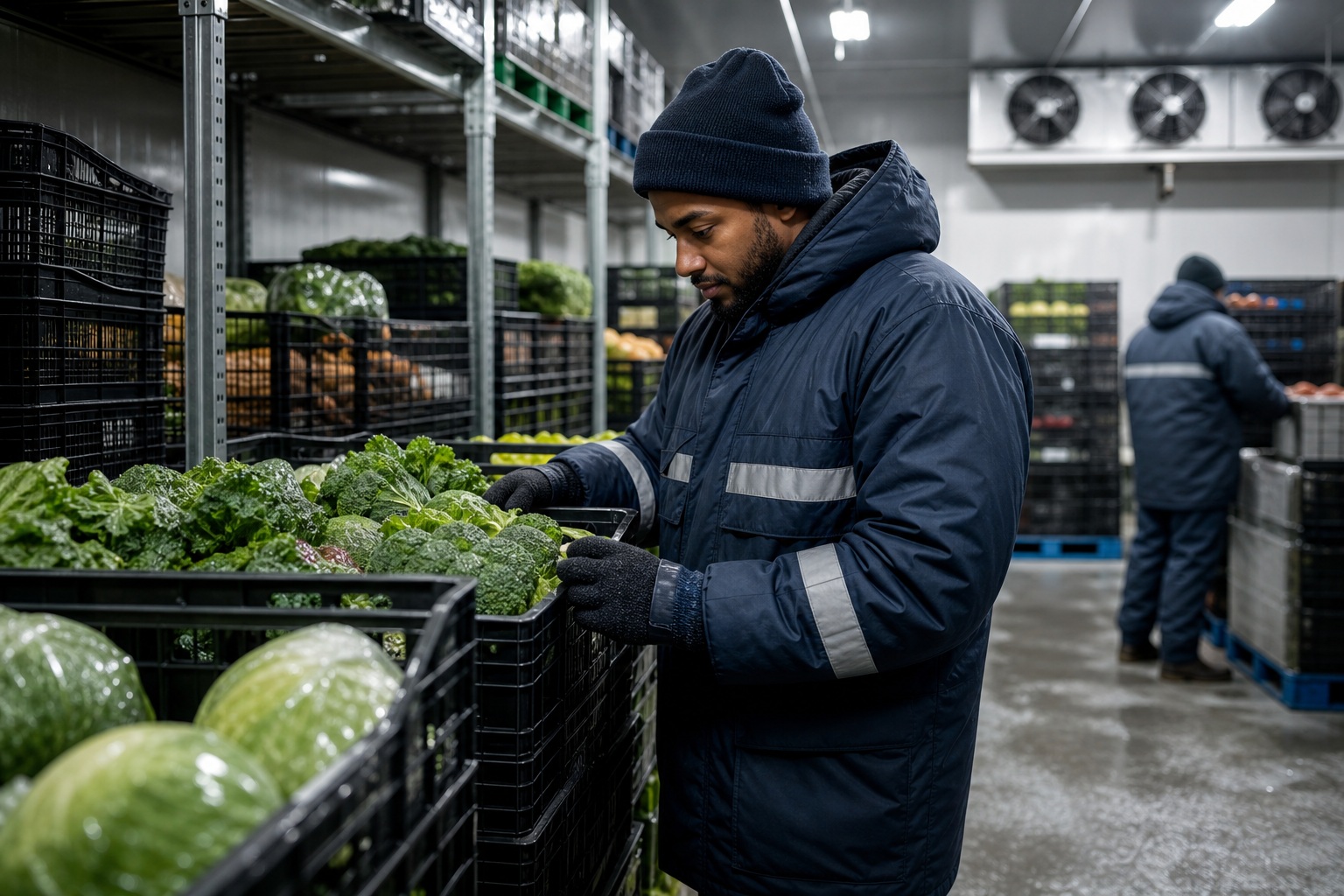 Delivery worker checking produce crates in a cold storage warehouse