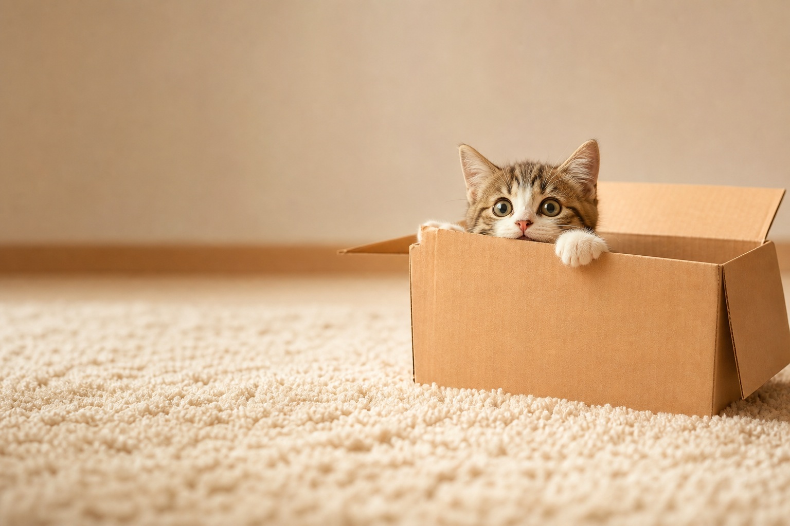 A cute kitten peeking out of a cardboard box on a soft carpet.