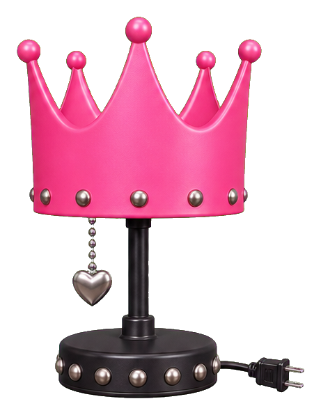 Pink desk lamp with a crown-shaped shade and small heart charm
