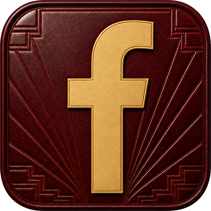 Gold Facebook letter icon on an oxblood tooled leather square background