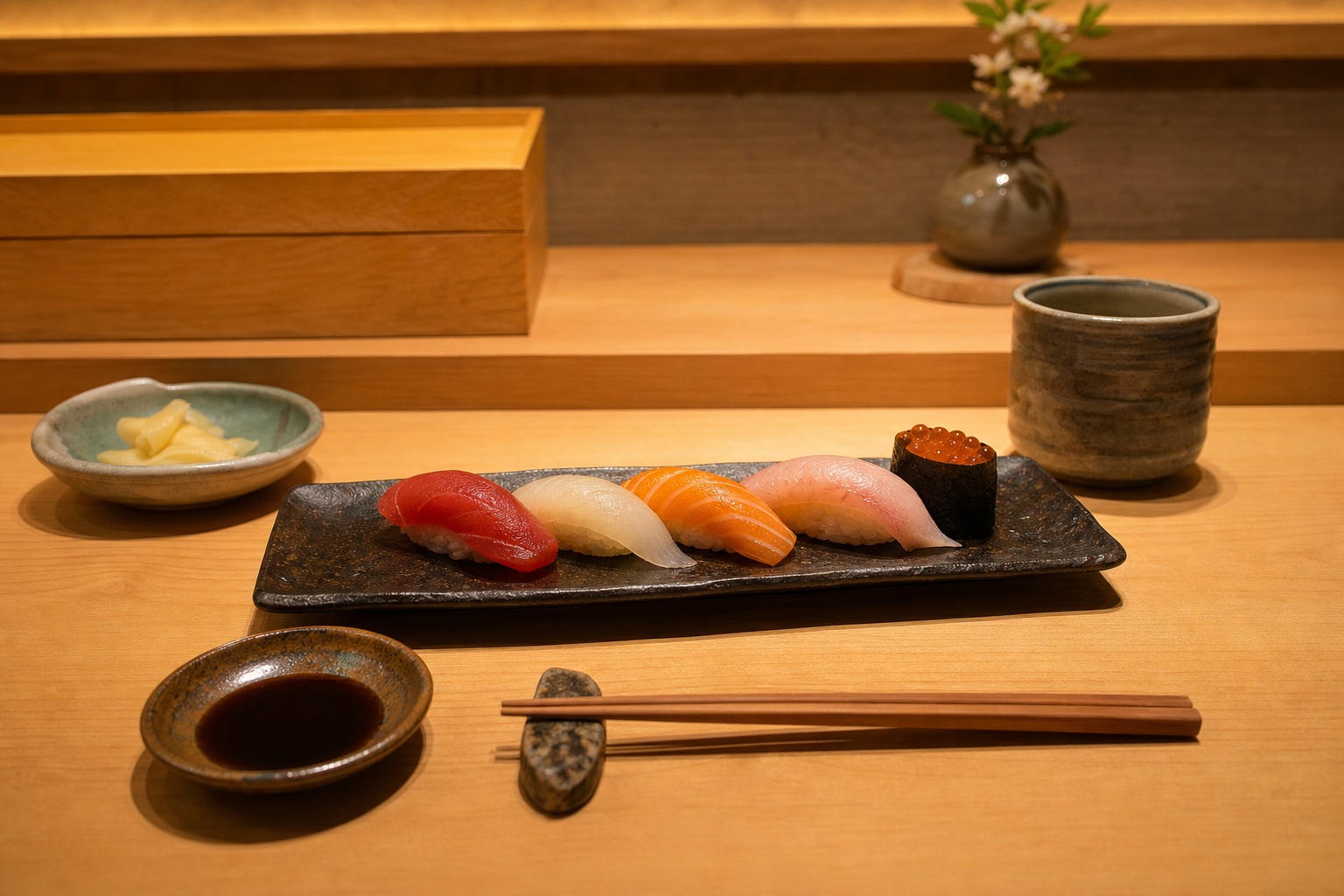 Sushi plate with chopsticks, soy sauce, cup, and small dish on a wooden restaurant table.