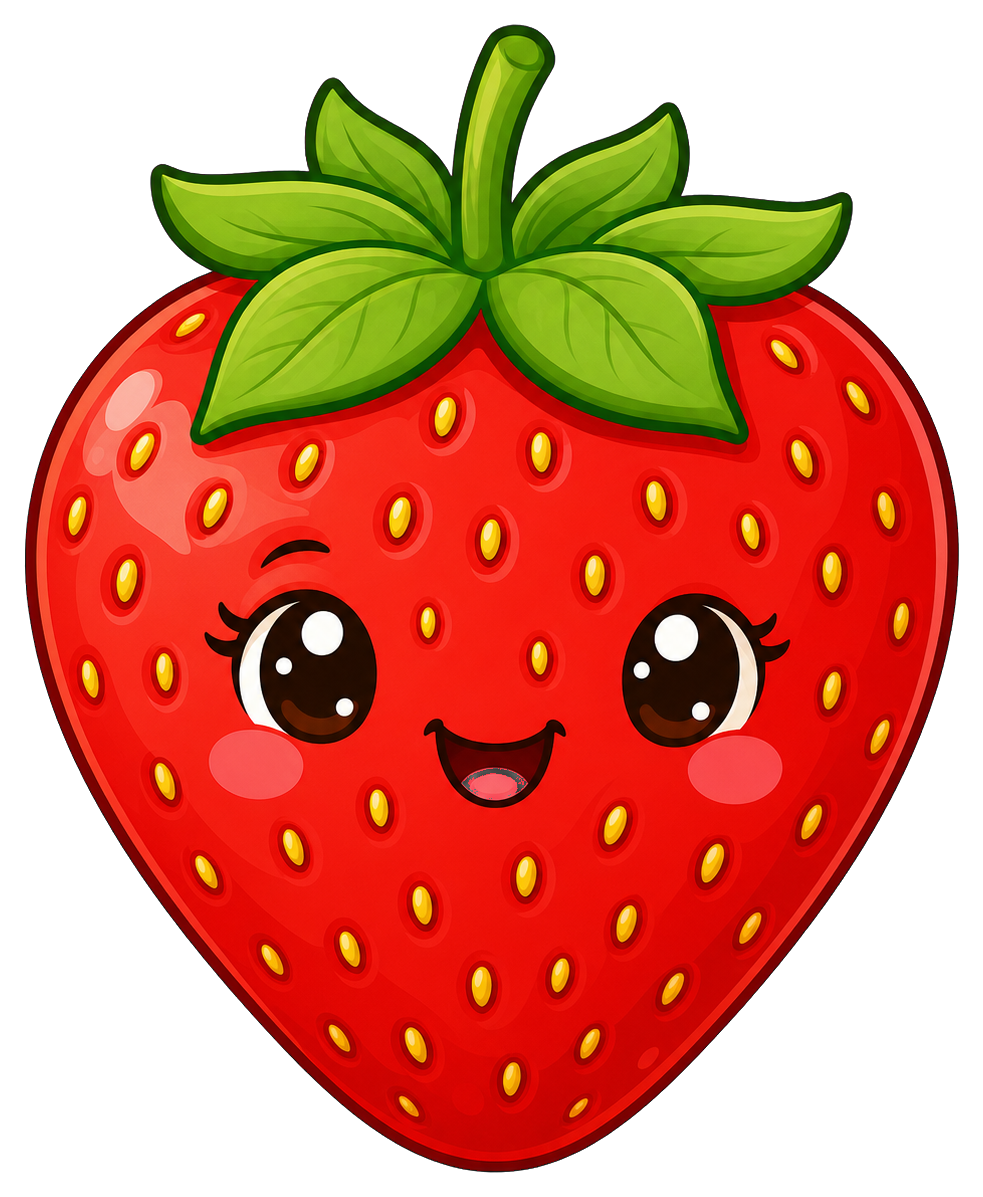 Cute smiling strawberry with green leaves and a cartoon face
