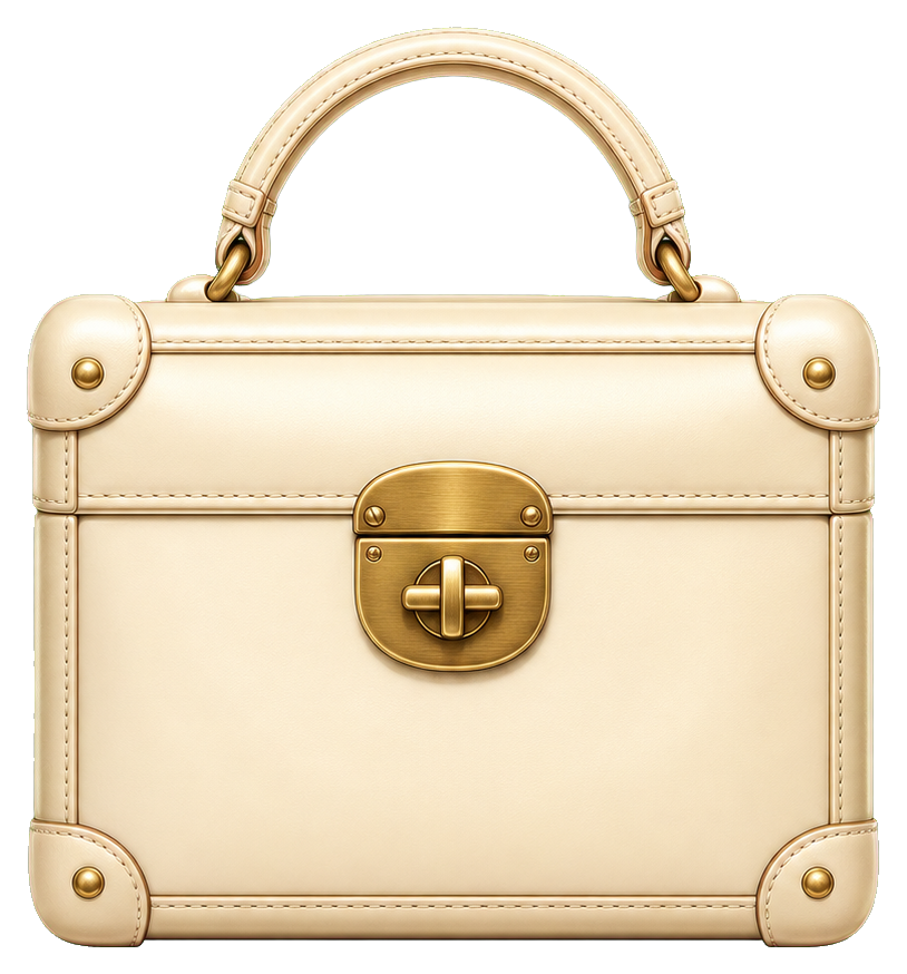 Ivory mini trunk bag with gold handle, latch, and corner accents