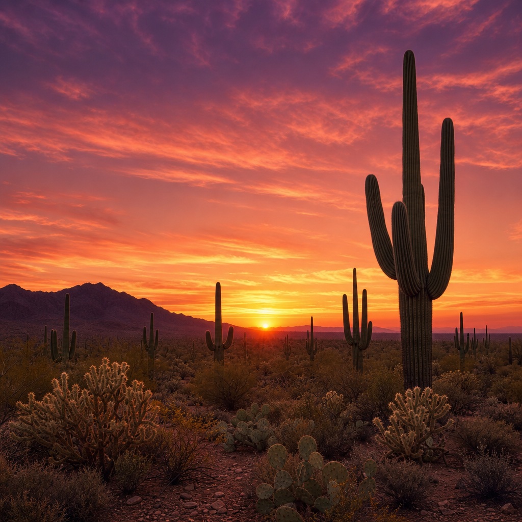 Cactus silhouettes against a glowing desert sunset with sand dunes and mountains.