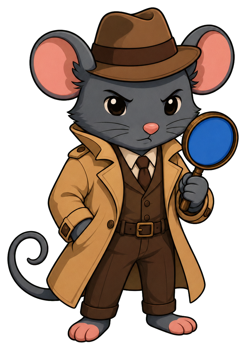 Cartoon mouse in a detective coat and hat holding a magnifying glass.