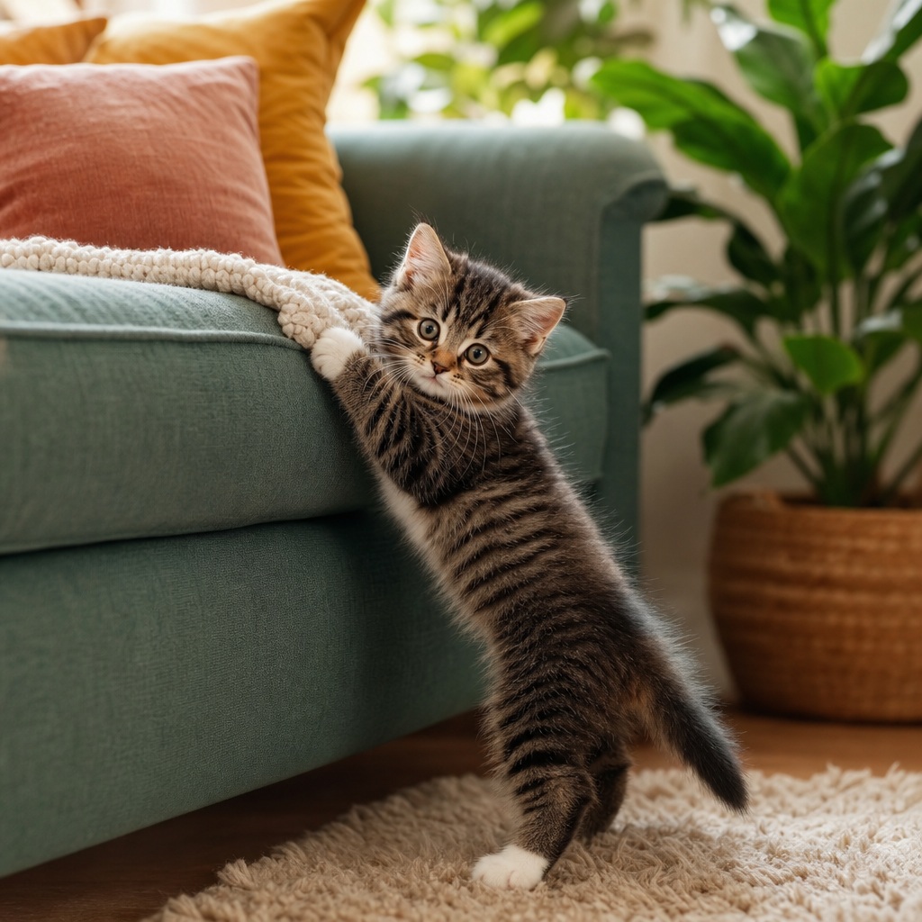 Tiny tabby kitten standing beside a green sofa in a cozy room