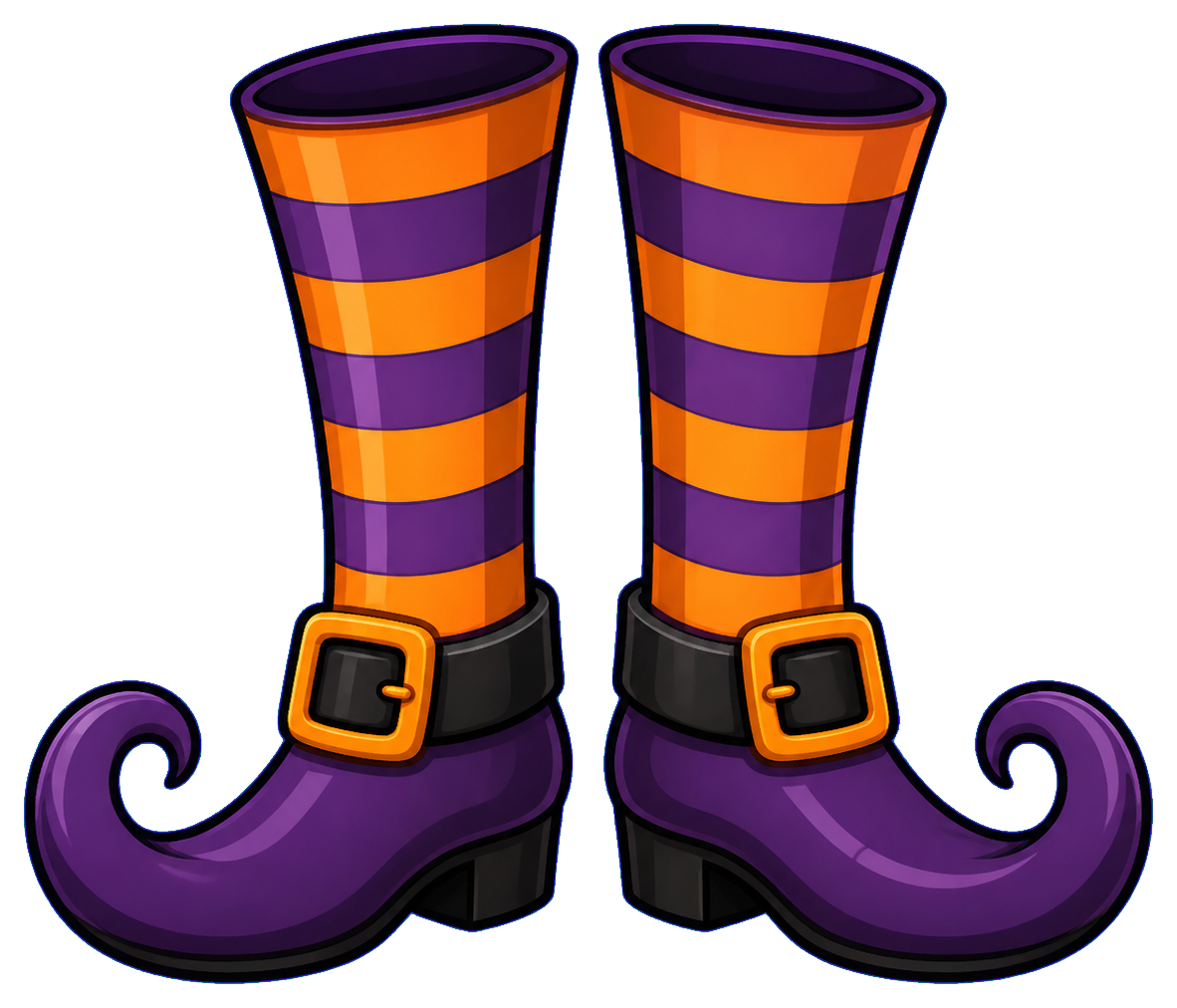 Pair of purple witch boots with orange striped shafts and curled toes
