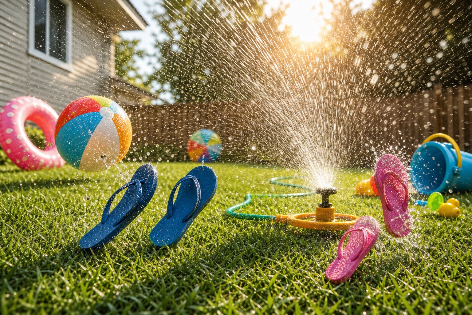 Sunny backyard with sprinkler spray, beach balls, flip-flops, and towels on grass.