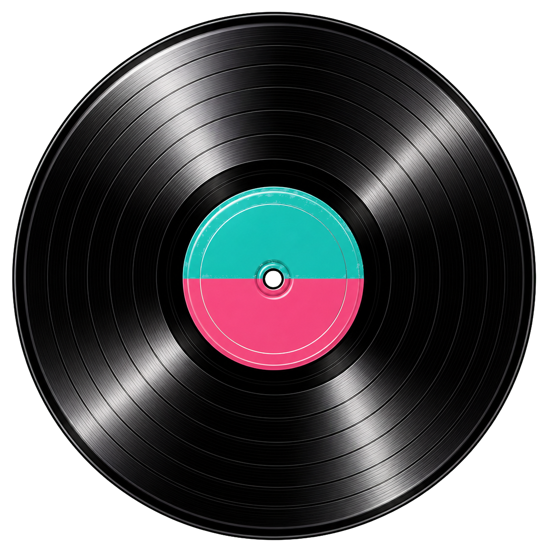Black vinyl record with a teal and pink center label
