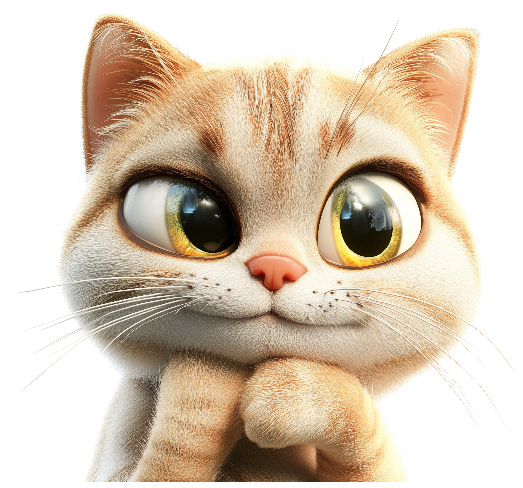 A wide-eyed 3D cartoon cat with a soft cream coat and tiny paws together.