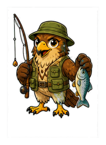 Cartoon hawk wearing a fishing vest and hat, holding a fishing rod and a fish.