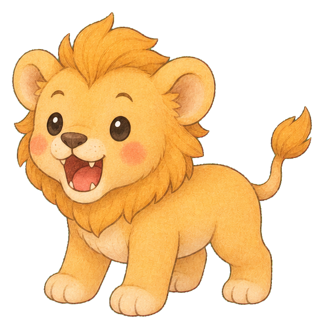 Cute cartoon lion cub with open mouth, small mane, and raised tail