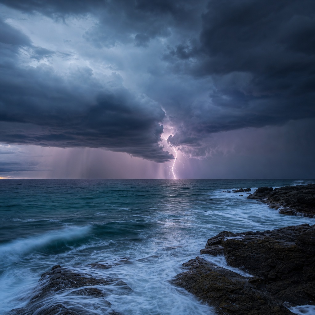 Lightning striking over a stormy ocean beneath dark dramatic clouds
