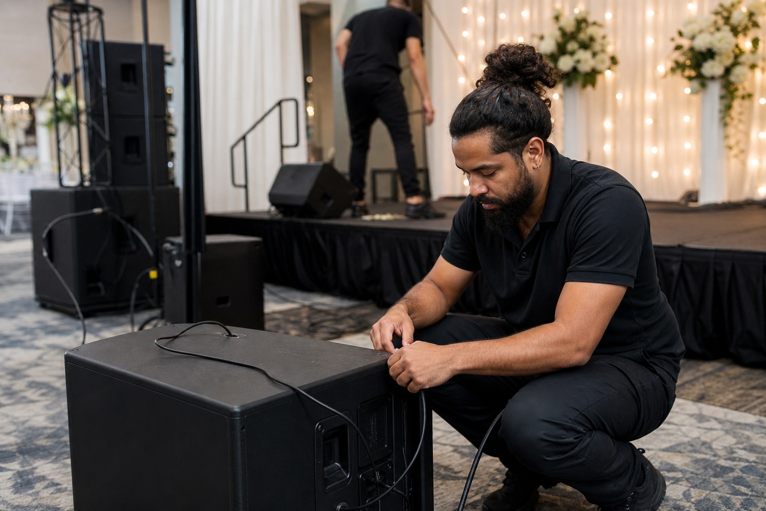 Man crouching beside a speaker while adjusting cables during event setup on a stage.