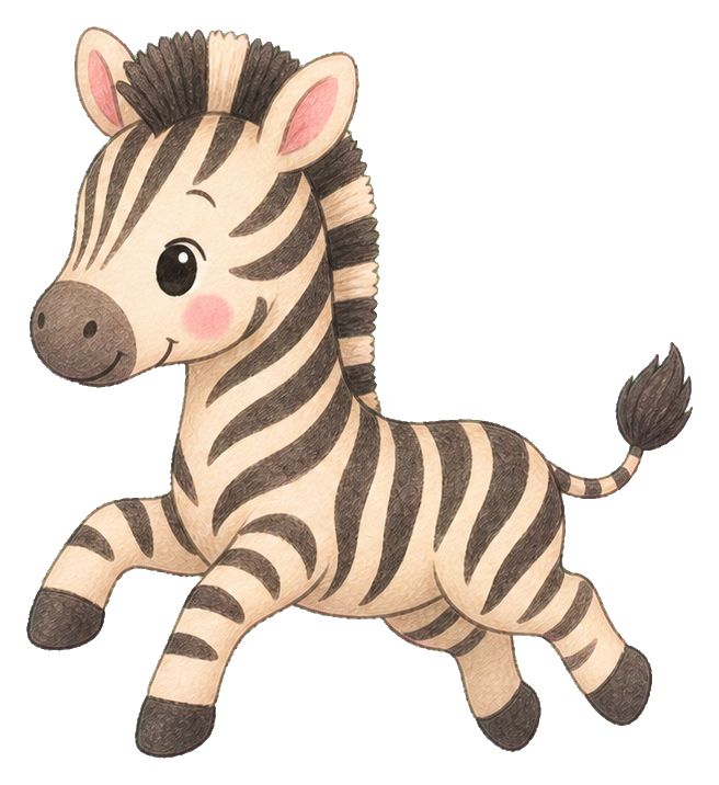 Cute cartoon zebra skipping with striped body, pink cheeks, and a raised tail.