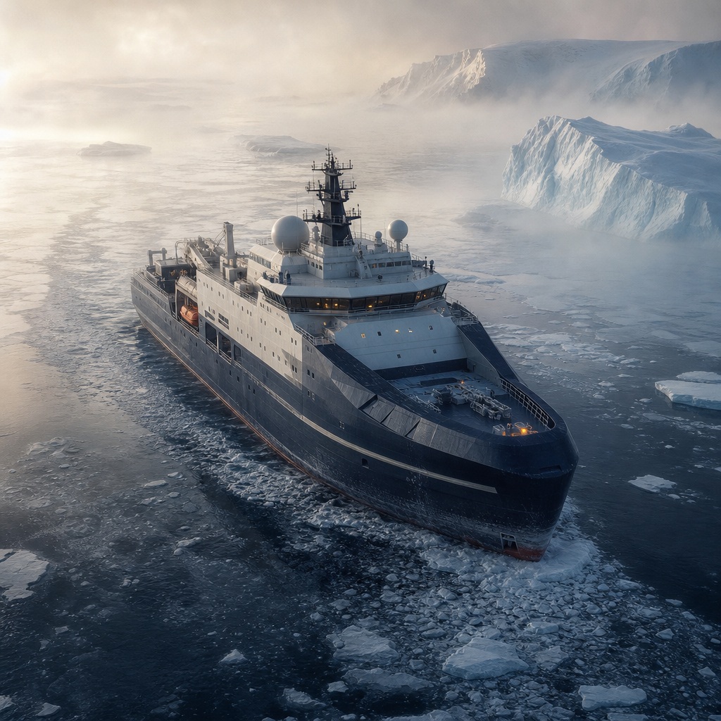 Large icebreaker ship moving through misty icy water near a frozen coastline.