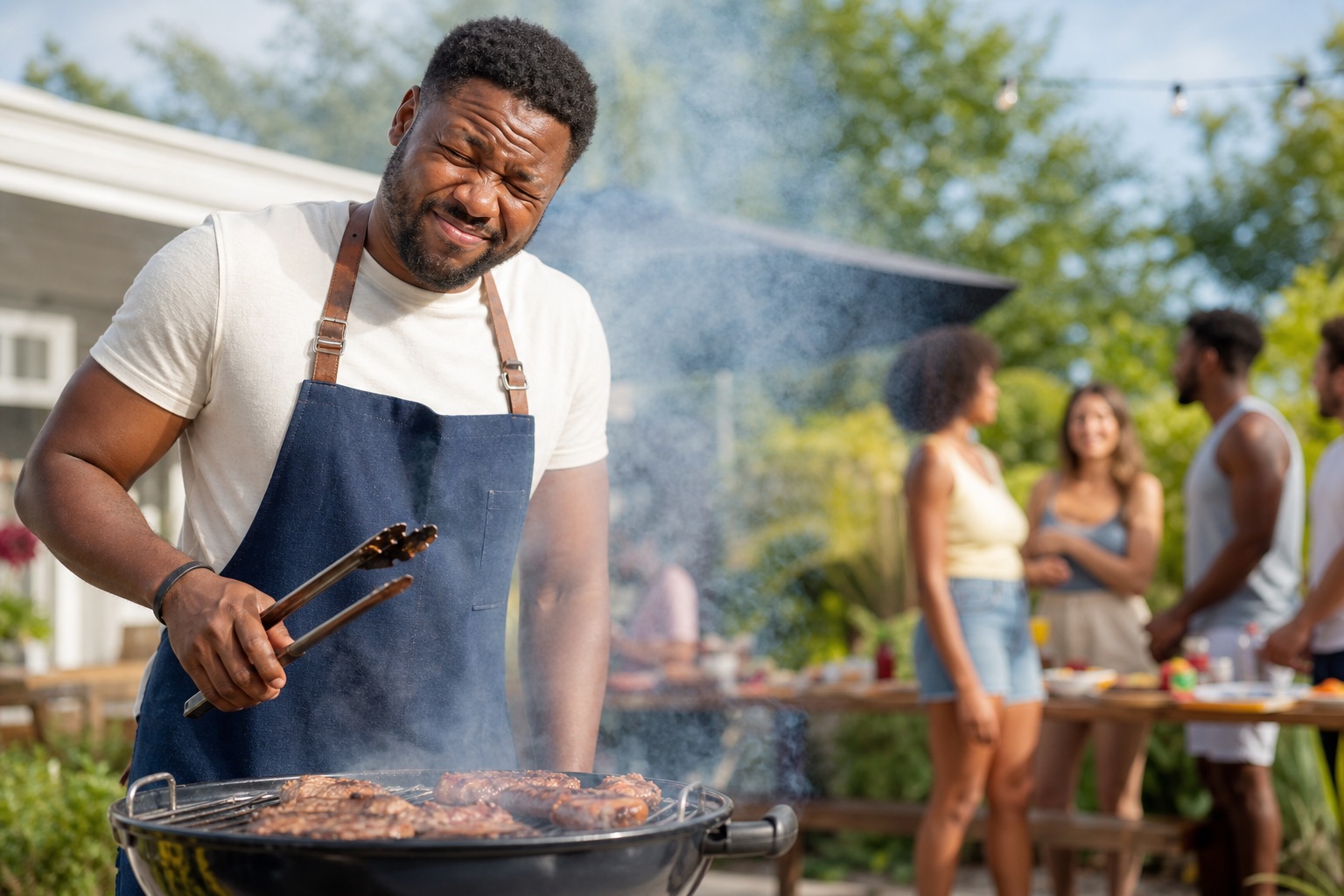Man squinting at a smoky barbecue grill with people chatting in the background