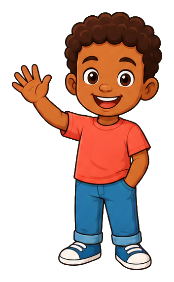 Cheerful cartoon kid with curly hair waving and smiling in a coral shirt and jeans.