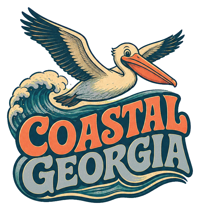 Illustrated pelican flying above waves with Coastal Georgia text