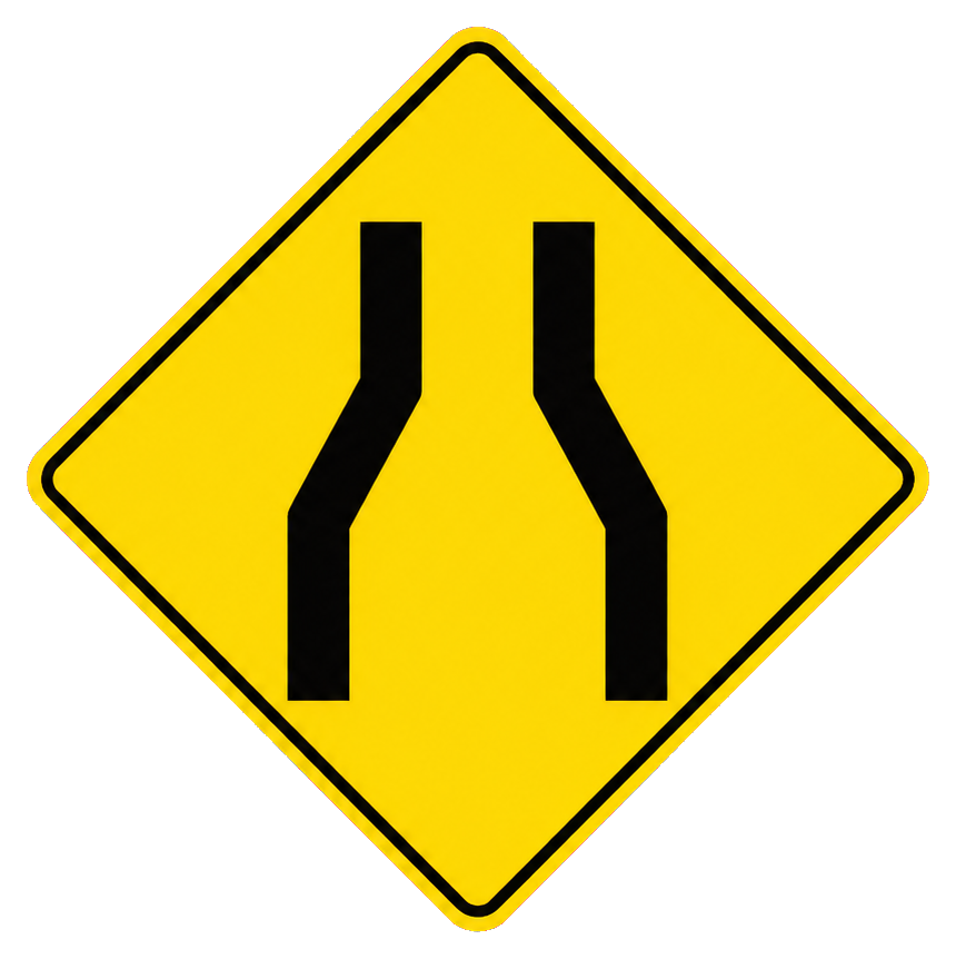 Yellow diamond lane narrows road sign sticker with black narrowing lane lines