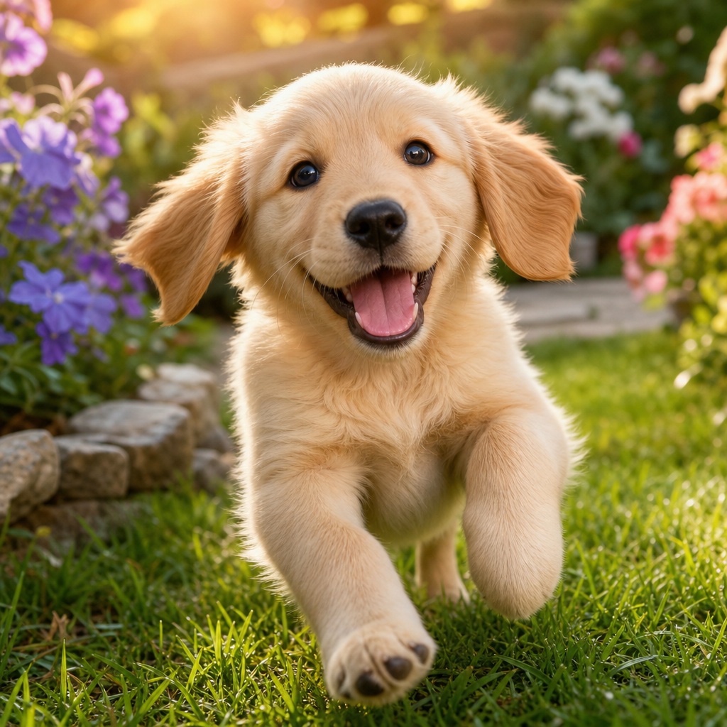Happy golden puppy running toward the camera on grass with flowers nearby.