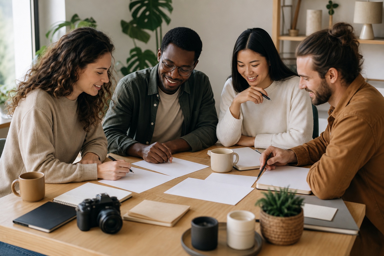 Four people gathered around a desk reviewing notes and planning together.