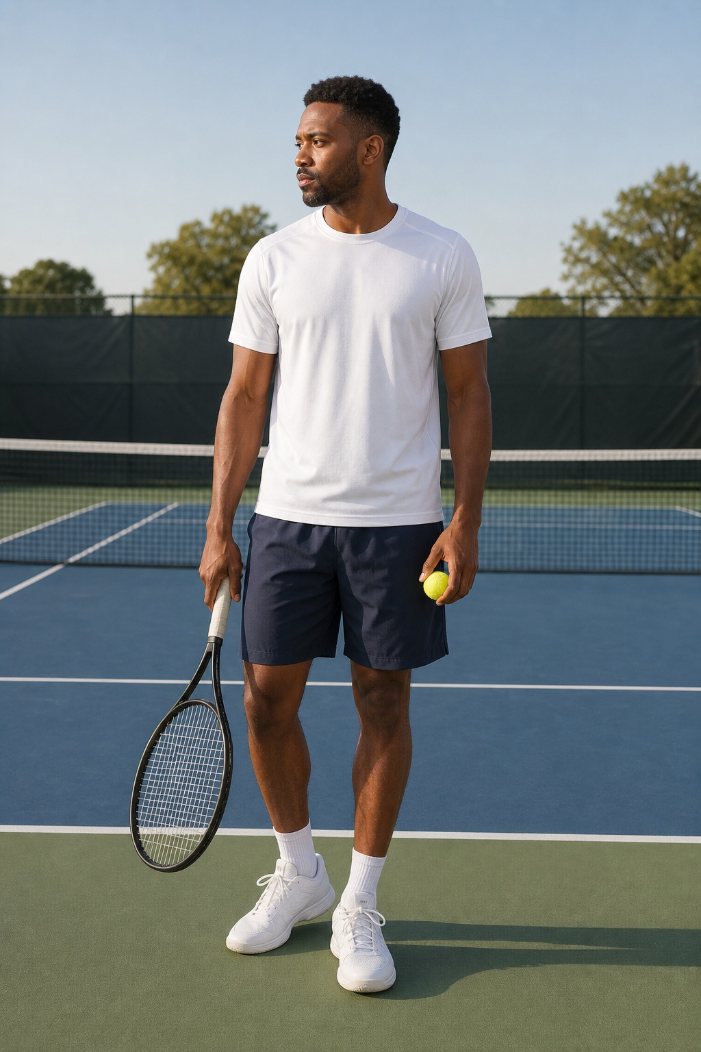 Man standing on a tennis court holding a racket and tennis ball