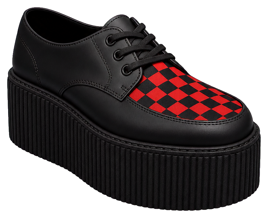 Black creeper shoe with red and black checkerboard pattern and thick platform sole