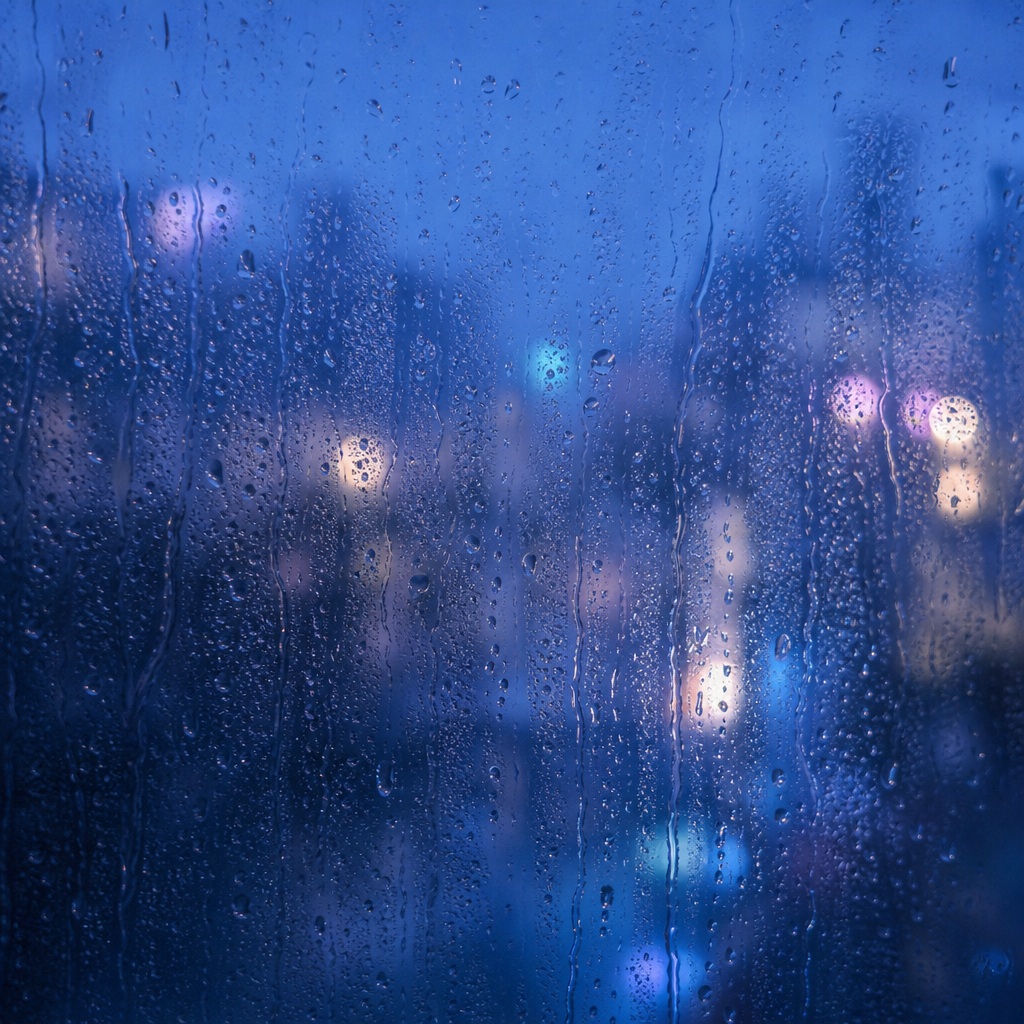 Blue rainy window with soft bokeh lights and water droplets on glass